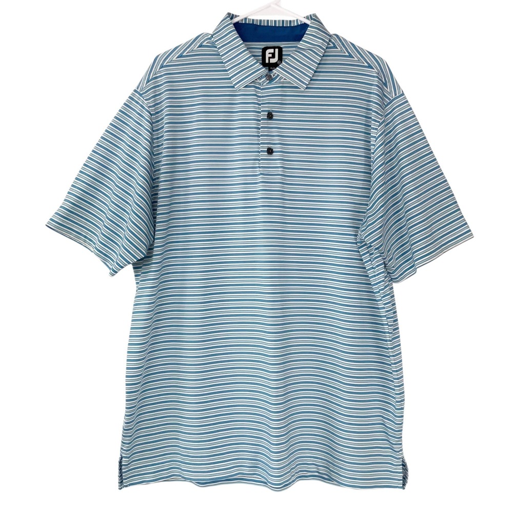 FootJoy Blue White Striped Polo XL 3-Button Collared Short Sleeve Stretch Golf